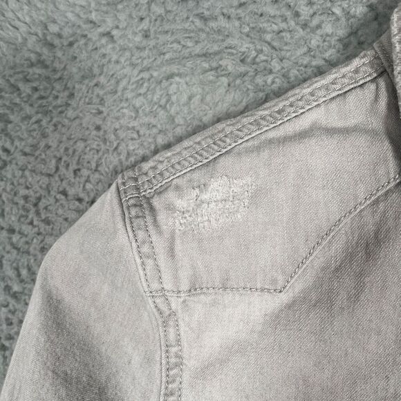 All Saints Grey Denim Shirt Womens Size 2 Long Sleeve Snap Button Distressed - Picture 4 of 12